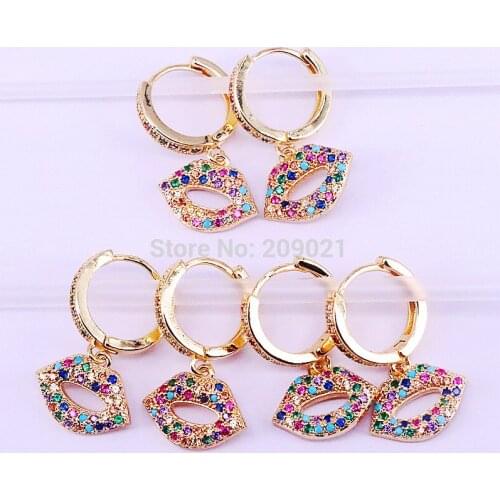 New Arrived 5Pair Gold Color rainbow cz paved lips shape dangle earrings for women fashion Jewelry gift