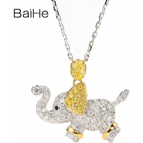 BAIHE Solid 18K White+Yellow Gold Certified Oval Cut 0.20ct Natural Yellow Diamond Women Wedding Jewelry elephant Necklaces
