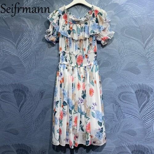 Seifrmann New 2021 Summer Women Fashion Designer Party Midi Dress Sexy Slash neck Ruffles Sleeve Elastic Waist Printed Dresses