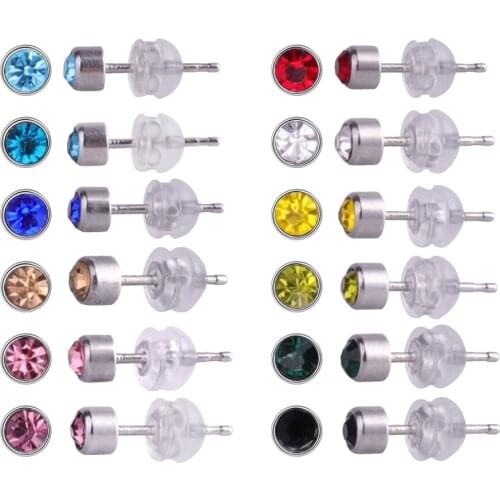 12 Pairs 316L Stainless Steel Stud Earrings,Birthstone Colourful Crystal Earring Sets for Women and Girls with Size 3mm 4mm 5mm
