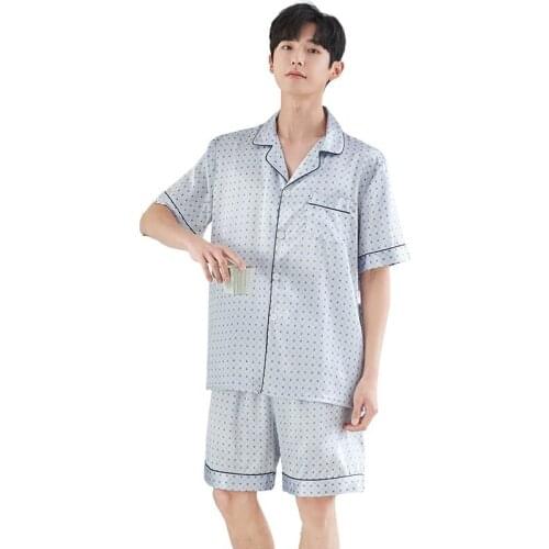 Silk Pajama Set Men Summer Thin Short Sleeves 2pcs Pajama Shortwith Collar Print Fashion Soft Leisure Homewear Suit with Pockets