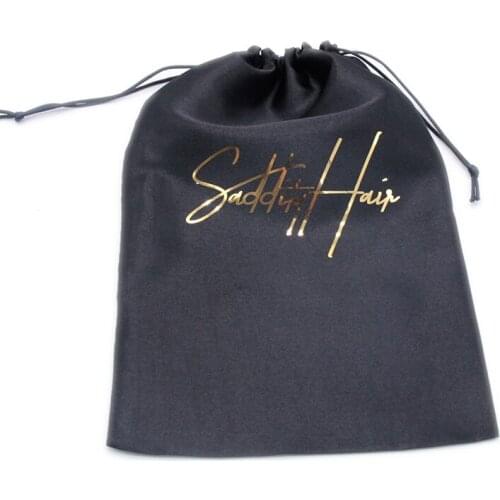 100pcs Customized Printing Logo Shiny Gold Black Silk Drawstring Pocket for Women Hair Extentions Packing Satin Bags