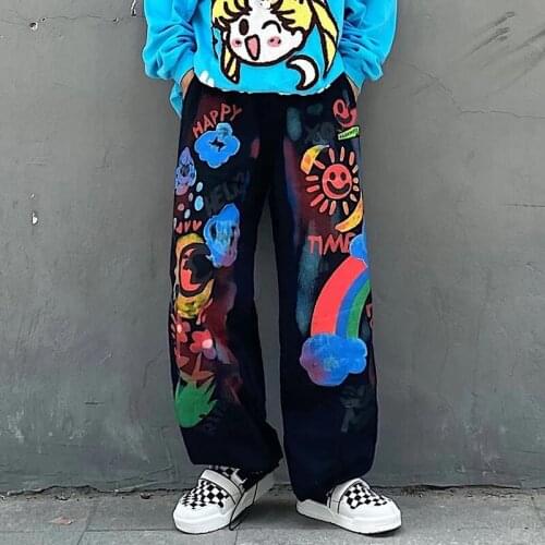Hip Hop Streetwear Funny Graffiti Print Japanese Fashion Wide Leg Pants High Waist Women Bottoms Pants 2021 Kawaii Teens Clothes