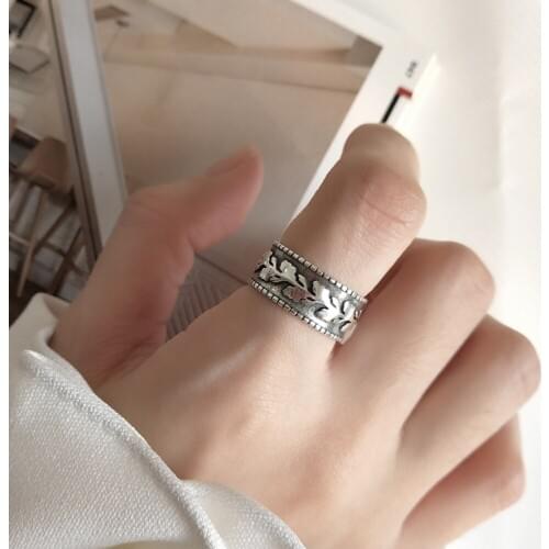 925 Sterling Silver Vintage Retro Wide Black Punk Olive Leaf Plant Ring Hip Hop Style Party Jewelry University Students Ring