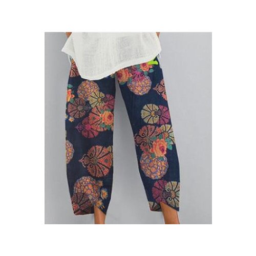 1pcs/lot Vintage Linen Pants Womens Summer Trousers Casual Elastic Waist Asymmetrical ankle length pants