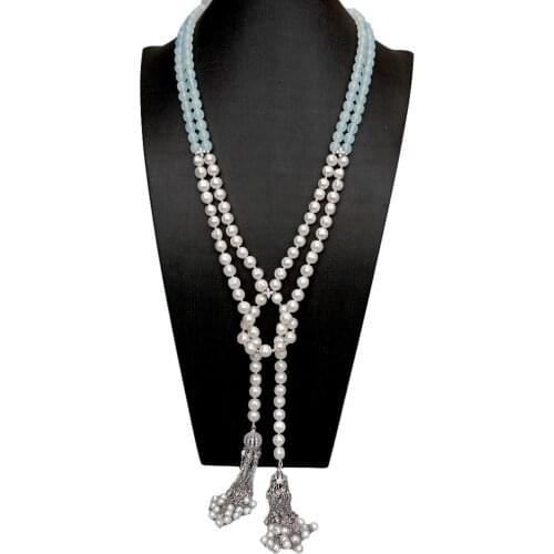 Y·YING 2 Rows Freshwater Cultured White Pearl Crystal Tassel Long Necklace 24"