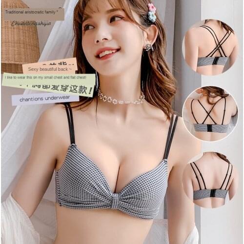 Sexy deep V girl sweet plaid thin section comfortable gathering cross beautiful back bra