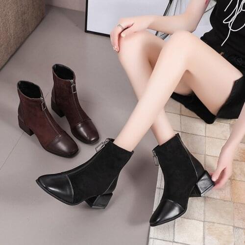 High heels womens boots autumn new short boots British style thick-soled Martin boots plus velvet zipper boots X705