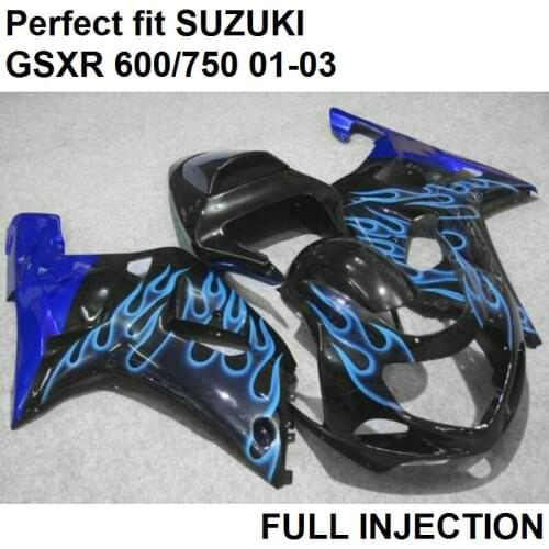 100% fit for Suzuki injection molding fairings GSXR600 01 02 03 blue flames black fairing kit GSXR 750 2001 2002 2003 LV36