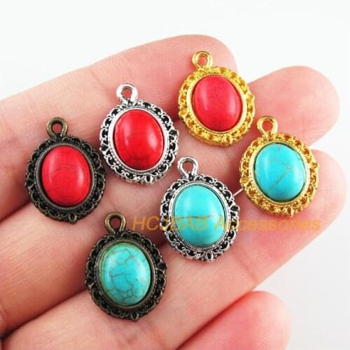18Pcs Retro Gold Tibetan Silver Bronze Tone Oval Blue&Red Stone Charms Pendants 13.5x18mm