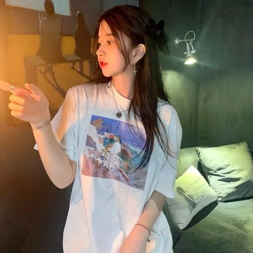 2021 summer color oil painting print niche loose slim simple versatile short-sleeved fashion T-shirt women
