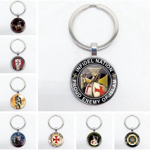 Vintage Infidel Nation Proud Enemy of Islam Knight Templar Glass Pendant Key Chain Classic Men Women Key Rings