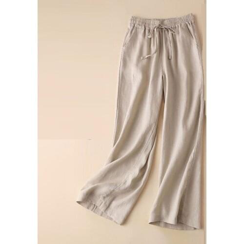 Summer Spring Women Stretchy High Waisted Khaki Black Linen Pants , Woman Clothing Fall Wide Leg Casual 3xl Trousers