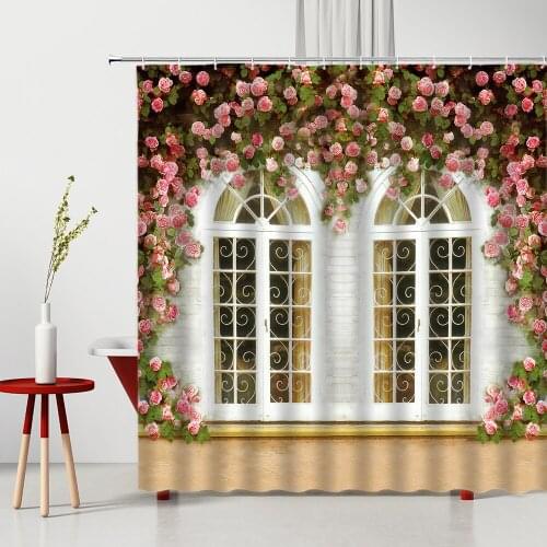 European Style Flower Decoration Windows Bathroom Shower Curtains Set Bathtub Decoration Waterproof polyester Fabric