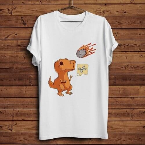 T-Rex Dinosaur and meteorites play finger-guessing funny T-shirt men summer 2019 new white cool hipster anime t shirt