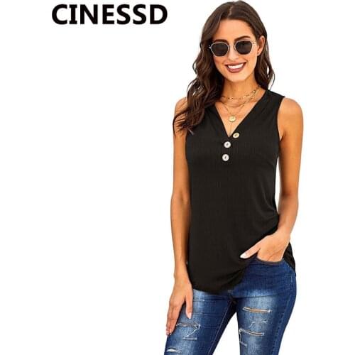 CINESSD Sexy V Neck Sleeveless Tshirt Women Solid Tank Tops Summer Black Pullover Tunic Vest Blue Slim Button Elastic Tee Shirts