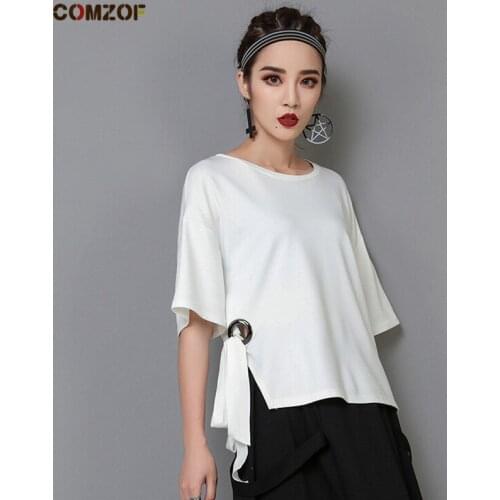 High quality women personality ribbon t shirt short sleeve solid side split punk style streetwear tops womens fashion tshirt