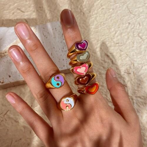 18K Gold PVD Plated Chunky Heart Ring Stainless Steel Colorful Enamel Double Heart Yin Yang Rings Set For Summer Girls