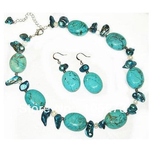 New Arriver Genuine Natural Turquoises Freshwater Pearl Necklace Earrings Jewelry Set 6-20mm S925 Silvers Earring Free Shipping