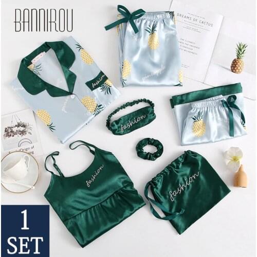 BANNIROU 7-piece Pajamas For Women Pyjama Set Sleepwear For Woman Home Clothes Silk Female Pyjamas Womens Pajama Set 2021 New