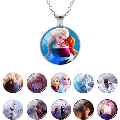 Disney Frozen Princess Elsa Anna Snow Glass Dome Pendant Cartoon Necklace for Girls Party Cabochon Jewelry Daughter Gift RT70
