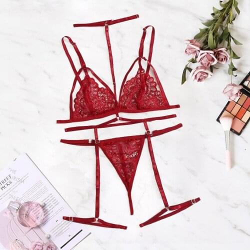 Micro Bikini Women Sexy Lingerie Set Plus Size V-neck Bra Thong Garter Lingerie Set Red Underwear S-2xl Bra Set Lenceria S-2XL