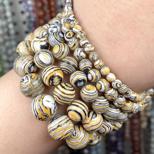 Natural Stone Yellow Stipe Round Beads For Jewelry Making Diy Bracelet Charm Accessories 4-12mm 15