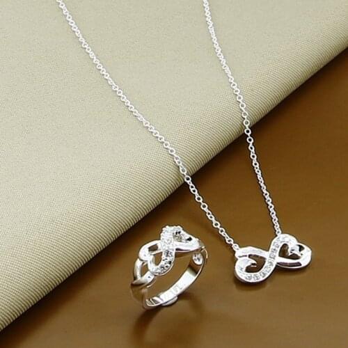 New Style 925 Sterling Silver AAA Zircon Double Heart Necklace Ring Set Eight-Character Couple Set Ring Necklace For Female Enga