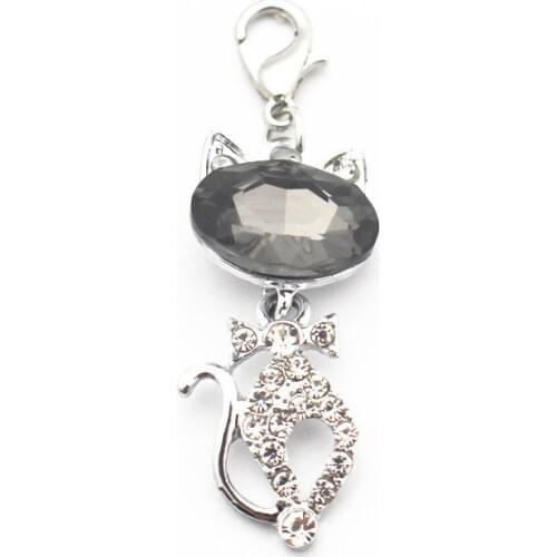 Wholesale 20pcs/lot Alloy White Crystal Cat Dangle Charms Lobster Clasp Pendant Hanging Charm For Bracelet Necklace