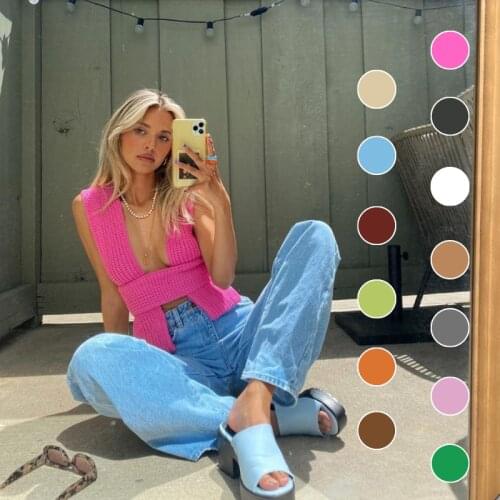 Sexy E Girl Knit Crop Top Bandage Designer Clothes Cross Causal Vest Zaraing Women 2021 Spring Bts Y2K Vestido Tank Tops Ins Hot