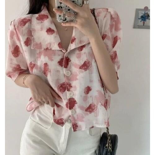 Heydress Women Summer Turn Down Collar Single Breasted Elegant Blouse Female Tie Dye Vintage Fashion Shirt Lady French Style Top