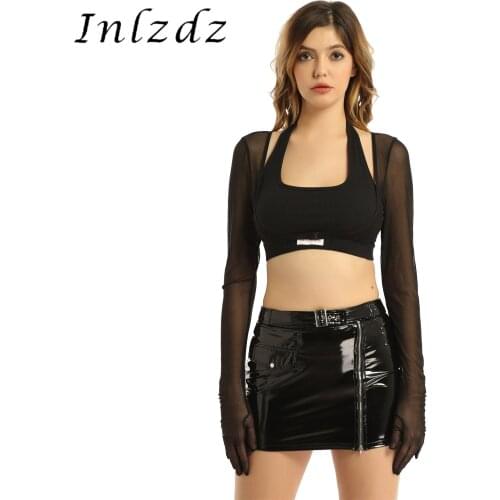 Womens See-through Sun Protection Mesh Gloves Tops Summer Rave Pole Dance Top Long Sleeve Open Front Buckle Crop Top Clubwear