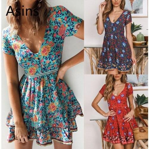 Asins dress women 2019 summer new hot casual fashion v neck high waist floral printing short sleeve patchwork wild sexy dress