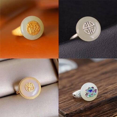 SNew Sterling Silver Fu Character Enamel porcelain Agate Peace Buckle Retro Charm Romantic Women Opening Adjustable Ring