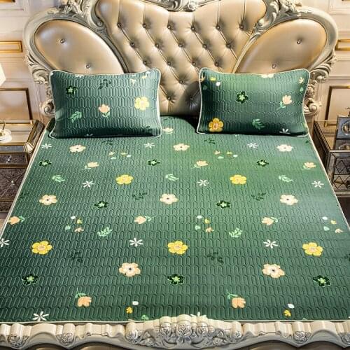 2021 New Summer Cool Mat Latex Fiber Bed Sheet Set With Elastic Band Folding Fitted Mattress Cover Green Flower Bedclothes PRINT