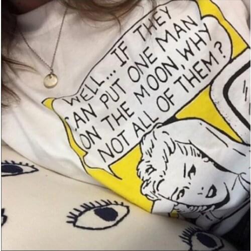 80s Vintage Style Put Man on The Moon Quotes Feminism Funny T-Shirt Womens Summer Cool Graphic Tee Cute White Tops