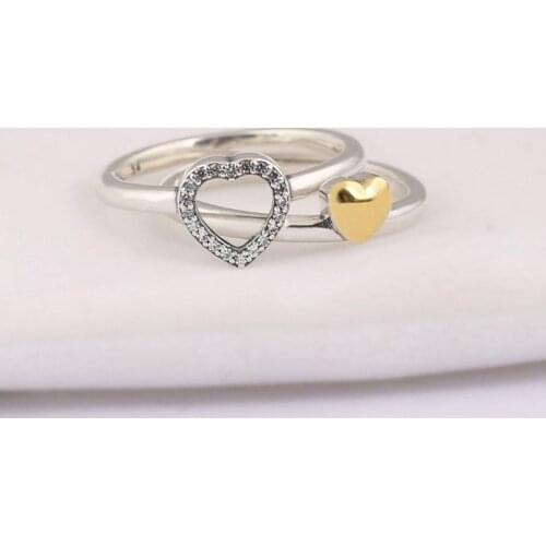 Authentic S925 Heart Of Gold Color Puzzle With Crystal Ring Stack For Women Wedding Party fit Lady Fine Jewelry