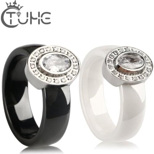 Big Oval Rhinestone Stainless Steel Round Ceramic Ring For Women Couple Ring Engagement 2021 Trend Jewelry Black White Color