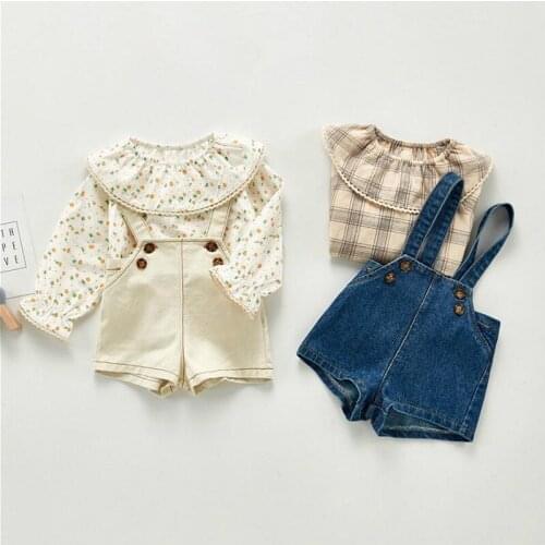0-24M Newborn Baby Girls Boys Clothes Sets 2021 Summer Autumn Floral Long Sleeve Tops + Denim Supsender Shorts Baby Overalls