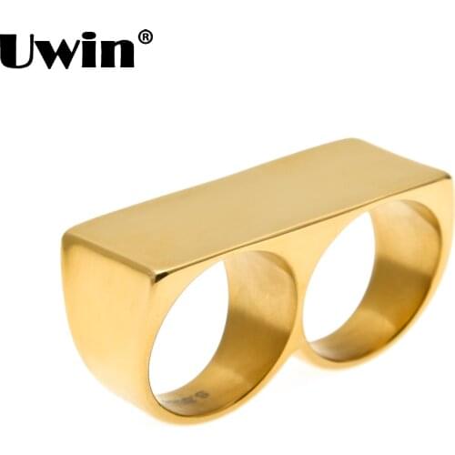 Personality Hip Hop Two Finger Rings Stainless Steel Gold Color Men Punk Biker Rings Women Party Cool Ring Size 10 11 Available