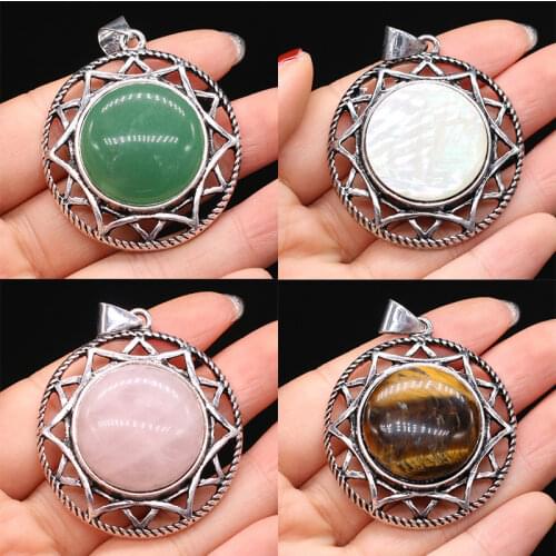 Natural Stone Pendants Round Malachite Tiger Eye Vintage Antique Silver Alloy Pendant DIY Necklace Earring Jewelry Making Gift