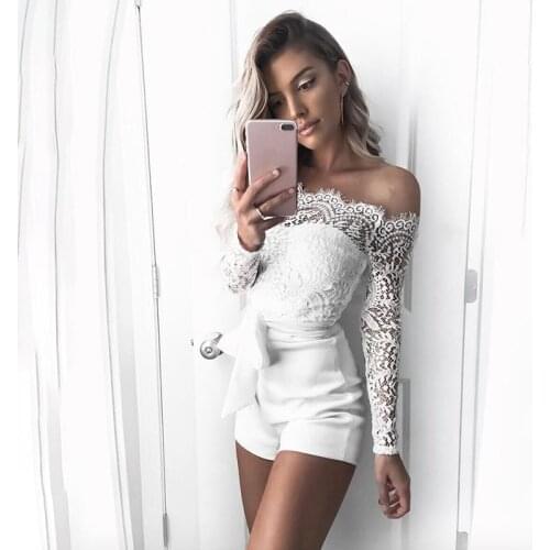 New Lace Off Shoulder Bodysuit Women See Through Long Sleeve Skinny White Women Rompers Casual Feminino Jumpsuit Shorts Bodysuit