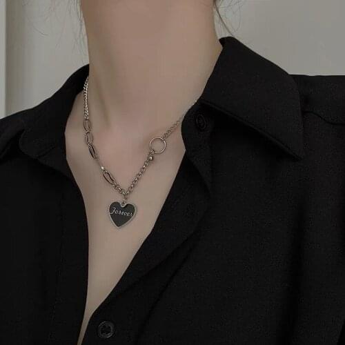 Origin Summer Unique Design Titanium Steel Black Love Heart Letter Asymmetry Pendant Necklace for Women Fashion Necklace Jewelry