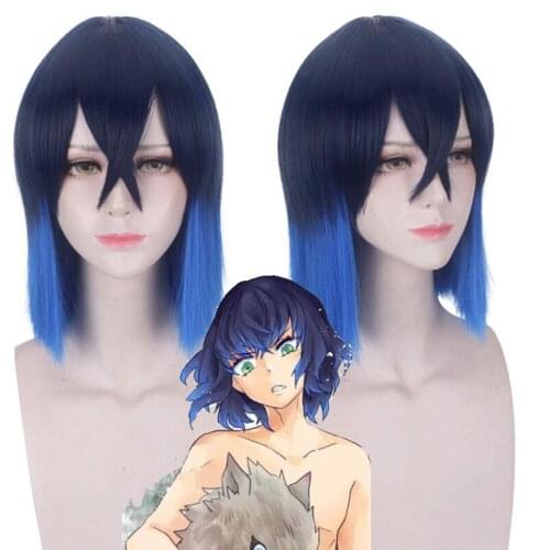 Demon Slayer Kimetsu no Yaiba Hashibira Inosuke Black Blue Heat Resistant Cosplay Costume Wigs + Wig Cap