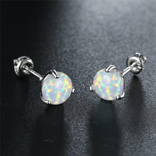 Luxury White Fire Opal Small Earrings Classic 3 Prong Round Stone Stud Earrings Charm Silver Color Screw Back Earrings For Women