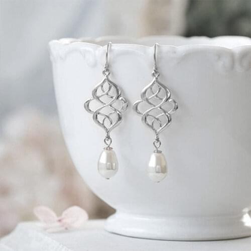 1pair Antique Silver Color Earrings Celtic Knot Eternity Filigree Teardrop Pearl Dangle Earrings Simple Jewelry For Women