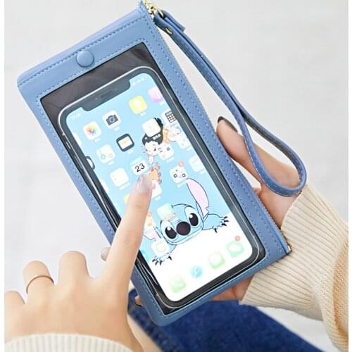 Fengdong visible touch screen mobile phone bag female portable wristlet leather purse credit card case cash money bag girl gift
