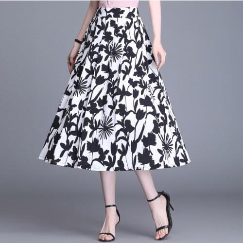 Women Fashion Elegant Elastic High Waist Print A-line Long Skirt 2021 Summer Female Plus Size Loose Big Swing Woman Skirts Z607