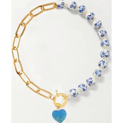 Boho Necklaces Female Natural heart Stones Ethnic Chinese style blue flower Porcelain ceramic beads necklace women fashion ins