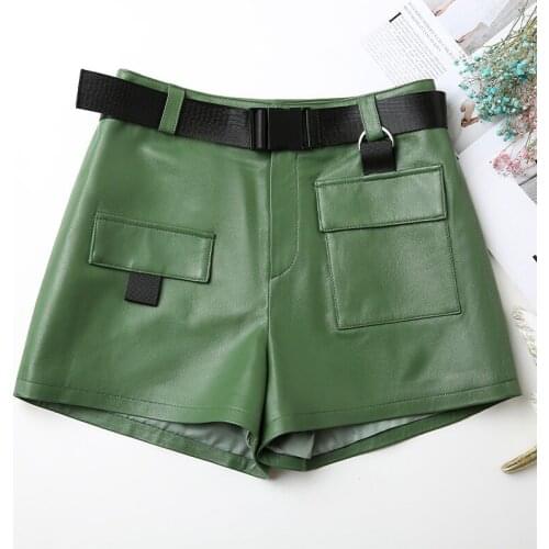 Womens Real Shorts Sheepskin High Waist Trousers Genuine Leather Shorts Female Summer Clothes Spodenki Damskie TN2279